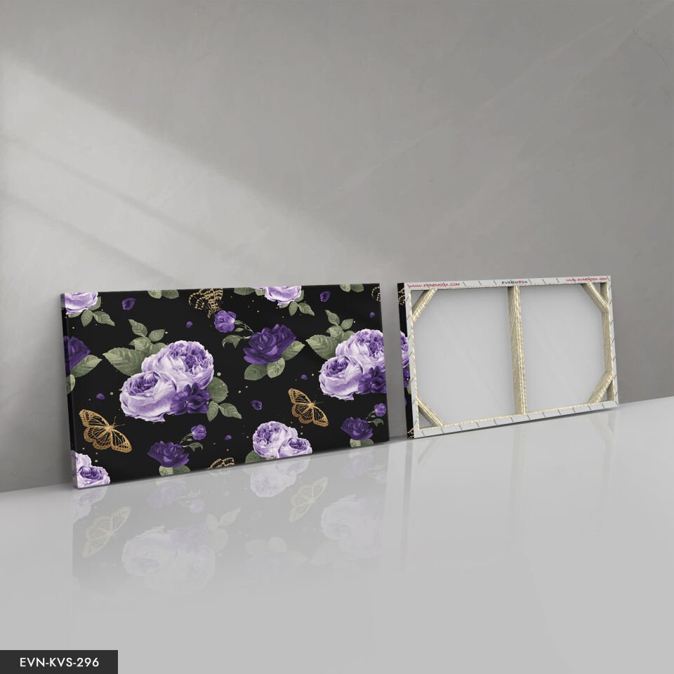 Mor Çiçekler Kelebek Tek Parça Kanvas - Canvas Tablo 40 x 30 CM - Çok Renkli