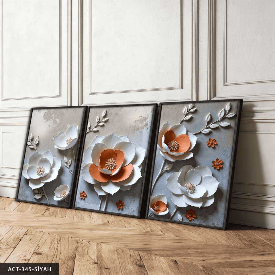 Dokulu Görünüm Beyaz Turuncu Çiçek 3 Parça Ahşap Çerçeveli Tablo ACT Siyah - 40 x 60 CM