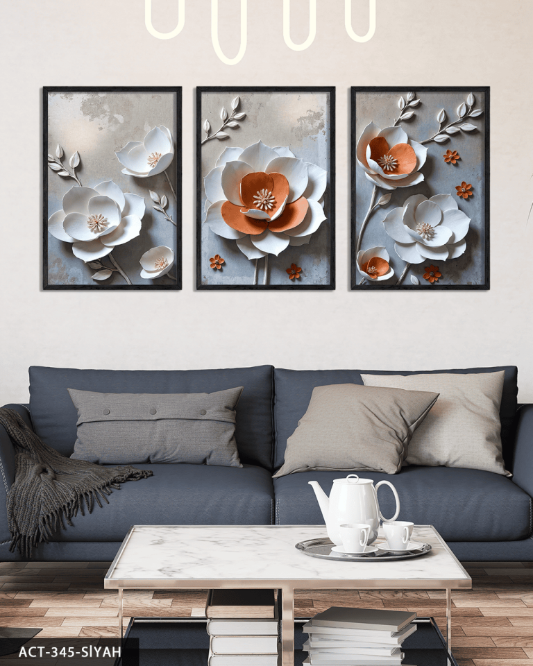 Dokulu Görünüm Beyaz Turuncu Çiçek 3 Parça Ahşap Çerçeveli Tablo ACT Siyah - 40 x 60 CM