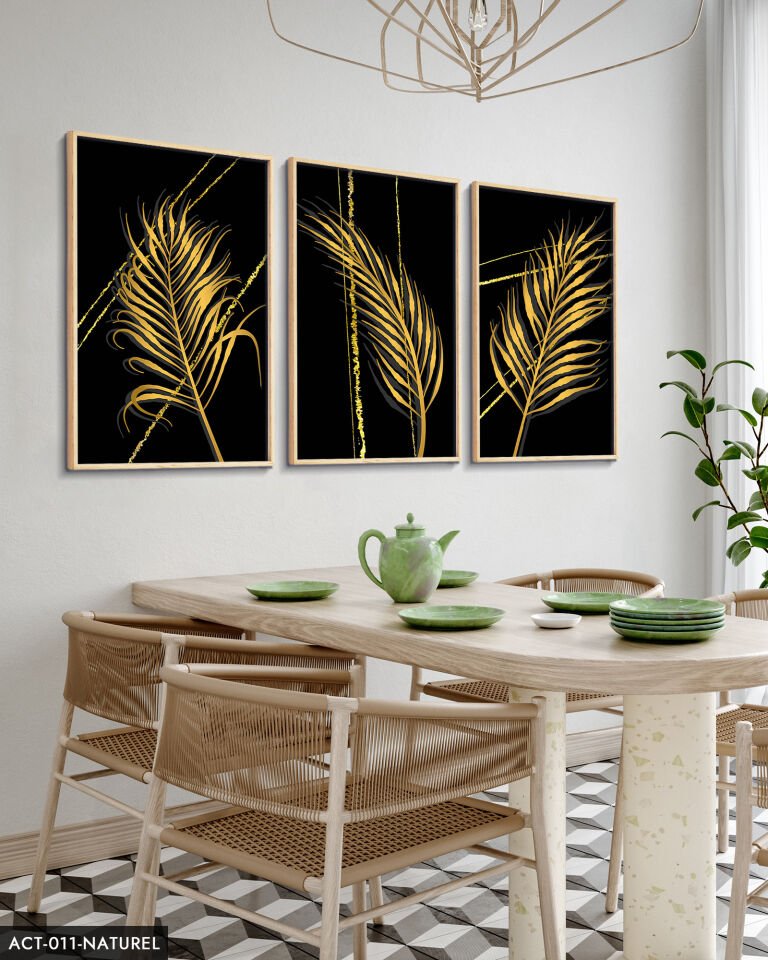 Gold Tüy Desen 3 Parça Ahşap Çerçeveli Tablo ACT Naturel - 20 x 30 CM