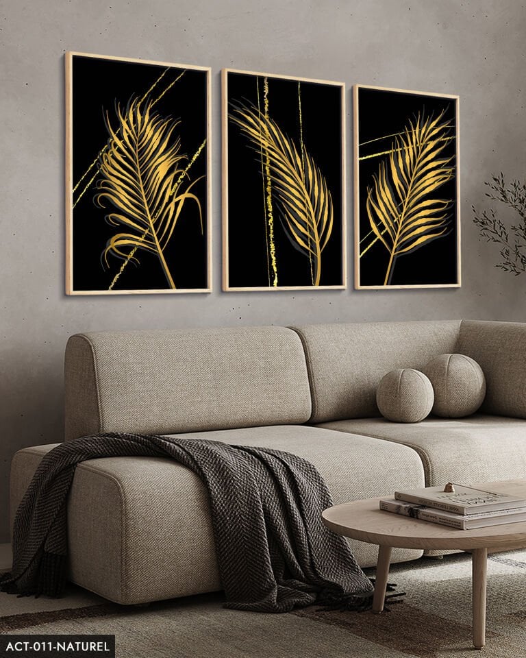 Gold Tüy Desen 3 Parça Ahşap Çerçeveli Tablo ACT Naturel - 20 x 30 CM