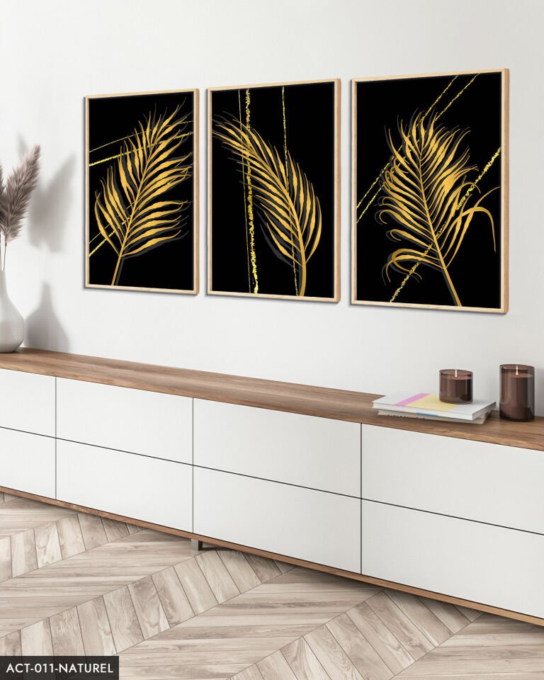 Gold Tüy Desen 3 Parça Ahşap Çerçeveli Tablo ACT Naturel - 20 x 30 CM