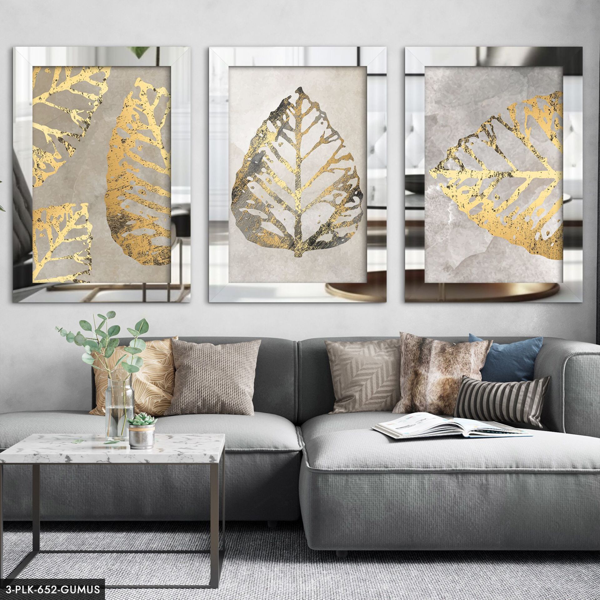 Gold Yaprak 3 Parça Pleksi Aynalı Tablo 50 x 70 CM - Gümüş