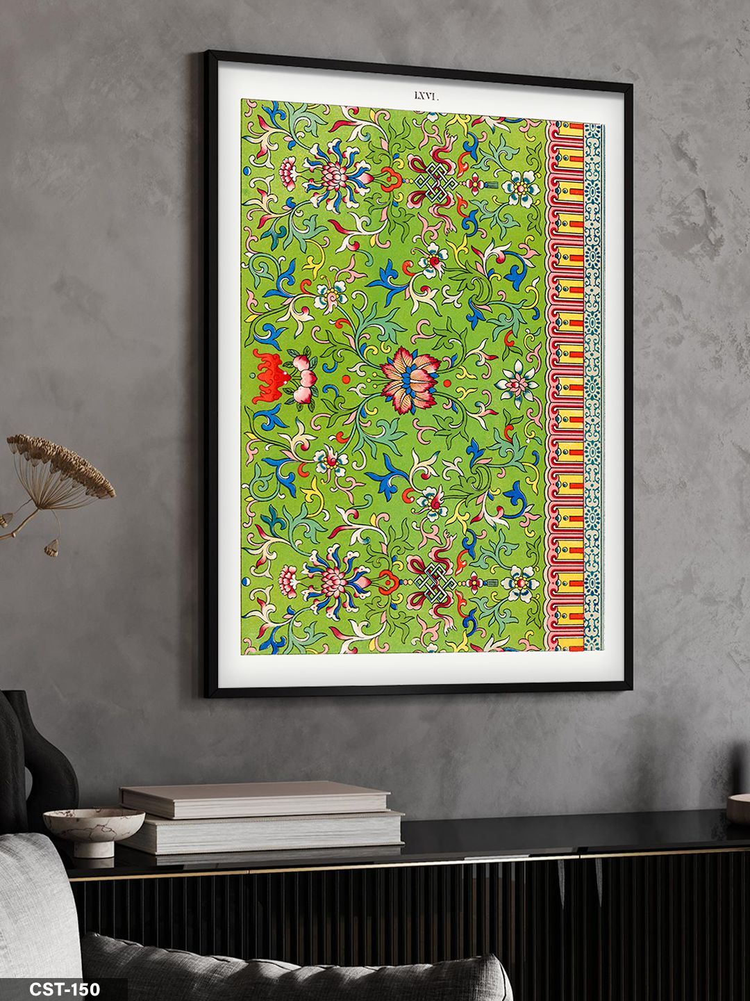 Yeşil Fonlu Çiçekli Desen Tek Parça Ahşap Çerçeveli Tablo Siyah - 50 x 70 CM