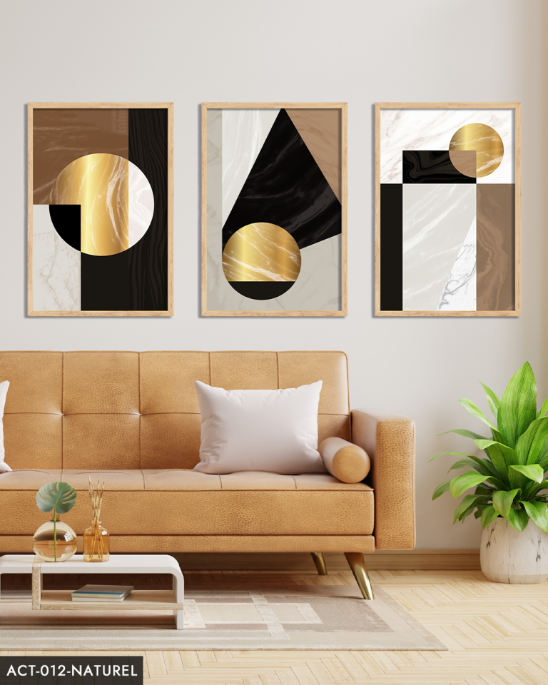 Gold Soyut Desenlerin 3 Parça Ahşap Çerçeveli Tablo ACT Naturel - 20 x 30 CM