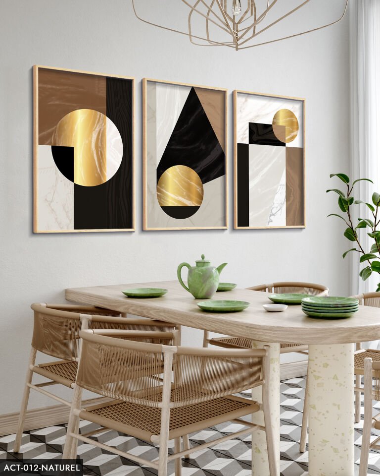 Gold Soyut Desenlerin 3 Parça Ahşap Çerçeveli Tablo ACT Naturel - 20 x 30 CM