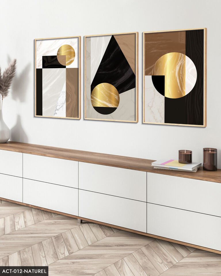 Gold Soyut Desenlerin 3 Parça Ahşap Çerçeveli Tablo ACT Naturel - 20 x 30 CM