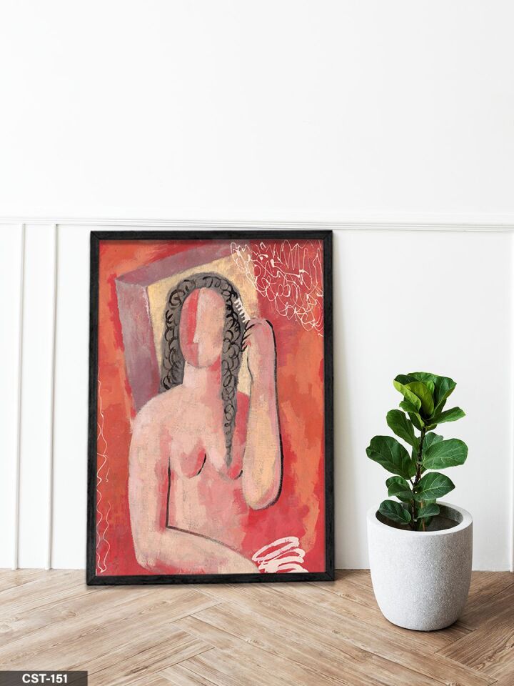 Kırmızı Fonlu Kadın Figür illüstrasyon Tek Parça Ahşap Çerçeveli Tablo Siyah - 50 x 70 CM