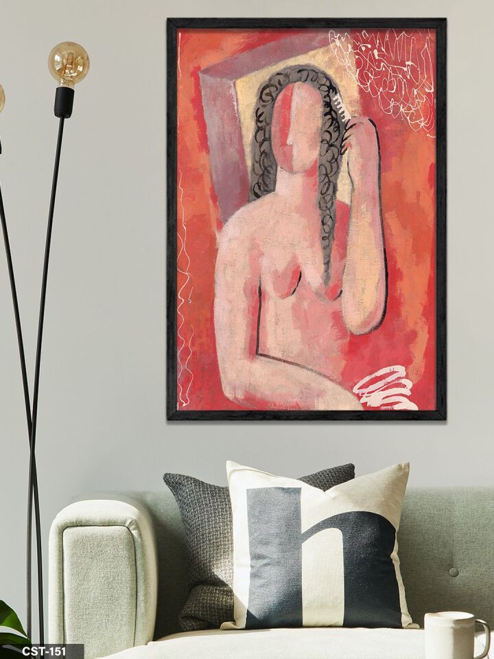 Kırmızı Fonlu Kadın Figür illüstrasyon Tek Parça Ahşap Çerçeveli Tablo Siyah - 50 x 70 CM