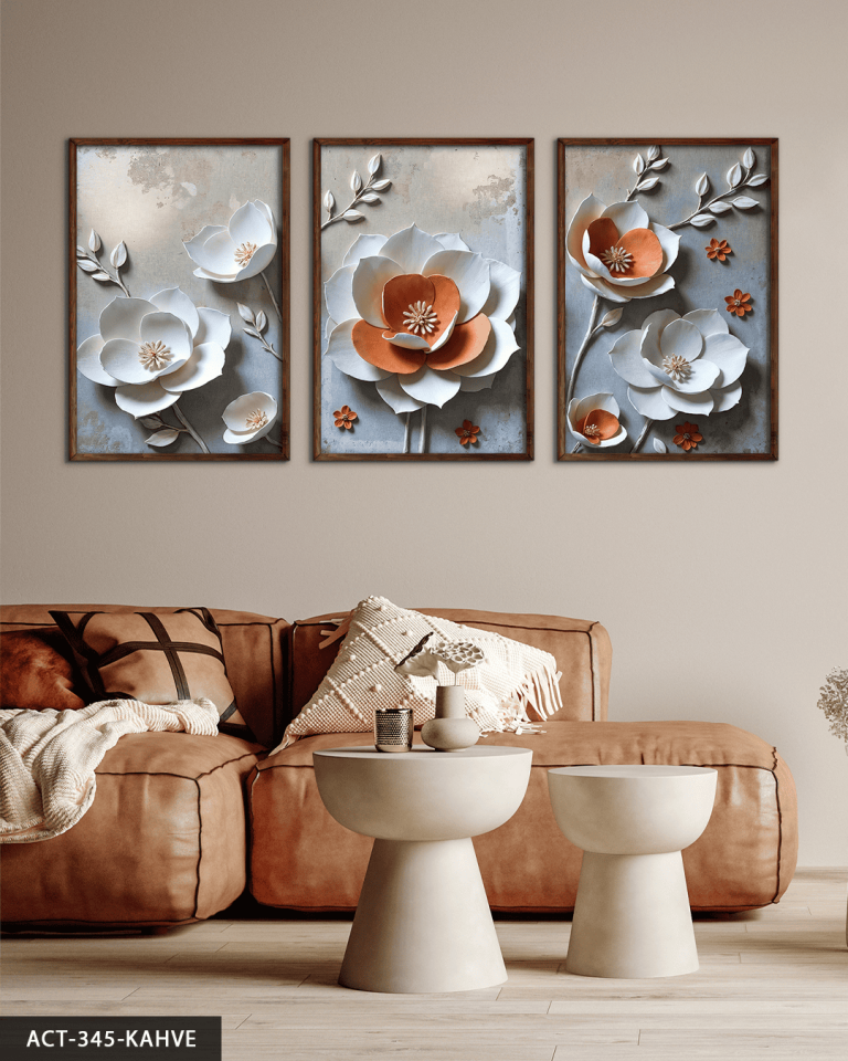 Dokulu Görünüm Beyaz Turuncu Çiçek 3 Parça Ahşap Çerçeveli Tablo ACT Kahverengi - 30 x 40 CM