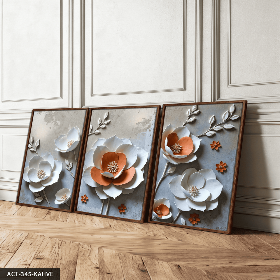 Dokulu Görünüm Beyaz Turuncu Çiçek 3 Parça Ahşap Çerçeveli Tablo ACT Kahverengi - 30 x 40 CM