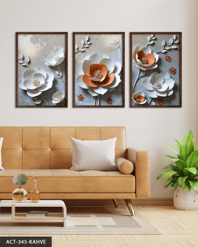 Dokulu Görünüm Beyaz Turuncu Çiçek 3 Parça Ahşap Çerçeveli Tablo ACT Kahverengi - 30 x 40 CM