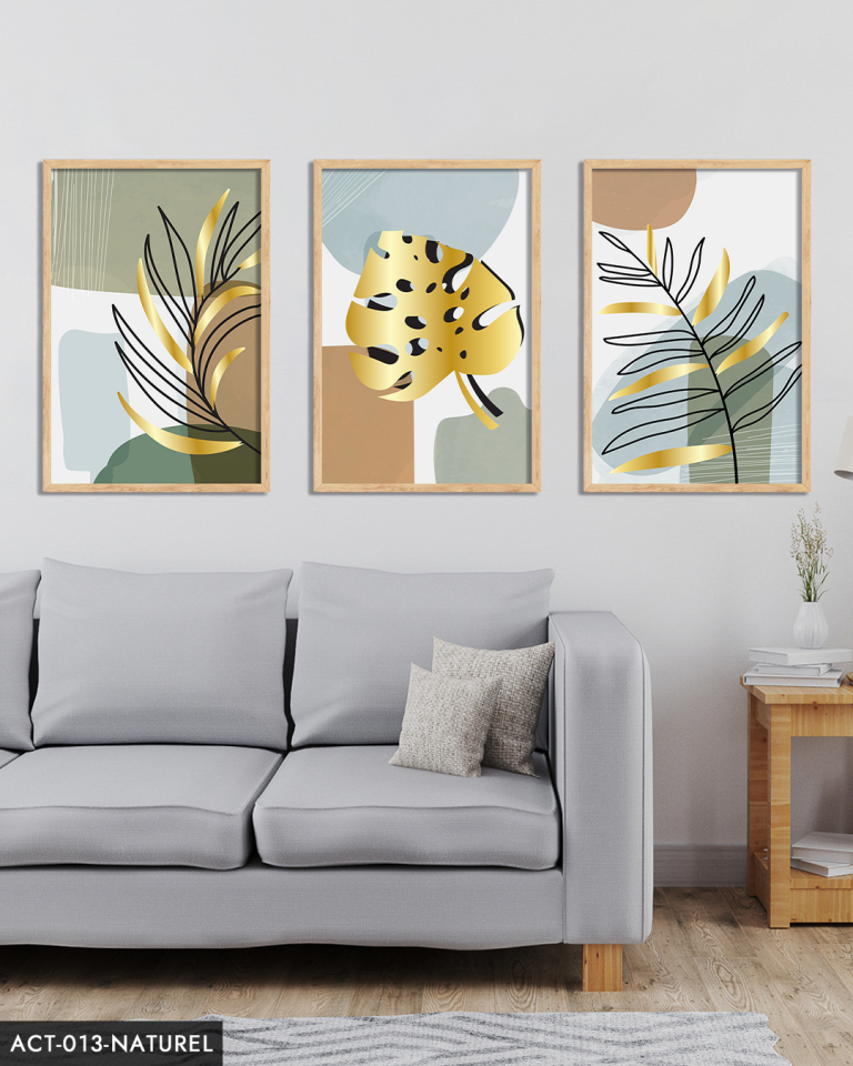 Gold, Beyaz, Tüy, Yaprak, 3 Parça Ahşap Çerçeveli Tablo ACT Naturel - 20 x 30 CM