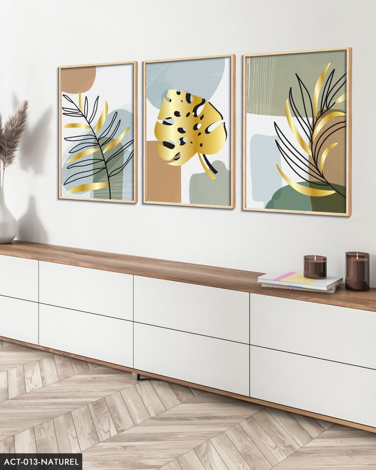 Gold, Beyaz, Tüy, Yaprak, 3 Parça Ahşap Çerçeveli Tablo ACT Naturel - 20 x 30 CM