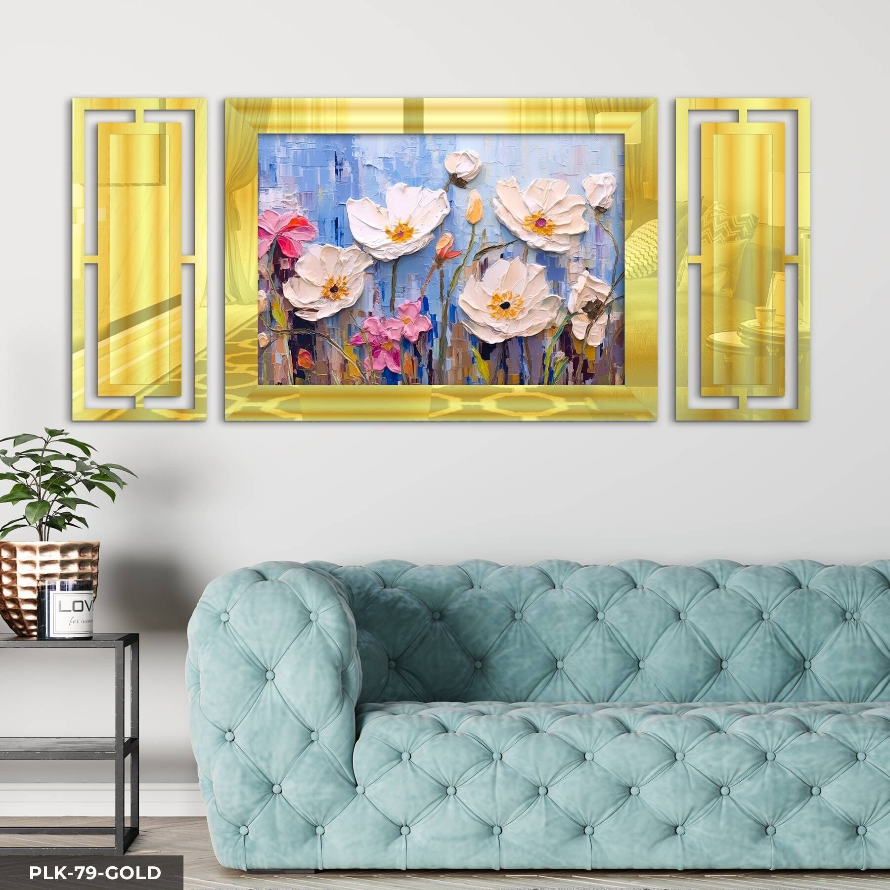 Yağlı Boya Görünümlü Beyaz Çiçek Yan Dekorlu 3 Parça Pleksi Tablo DKRPLK 130 x 25 CM - Gold
