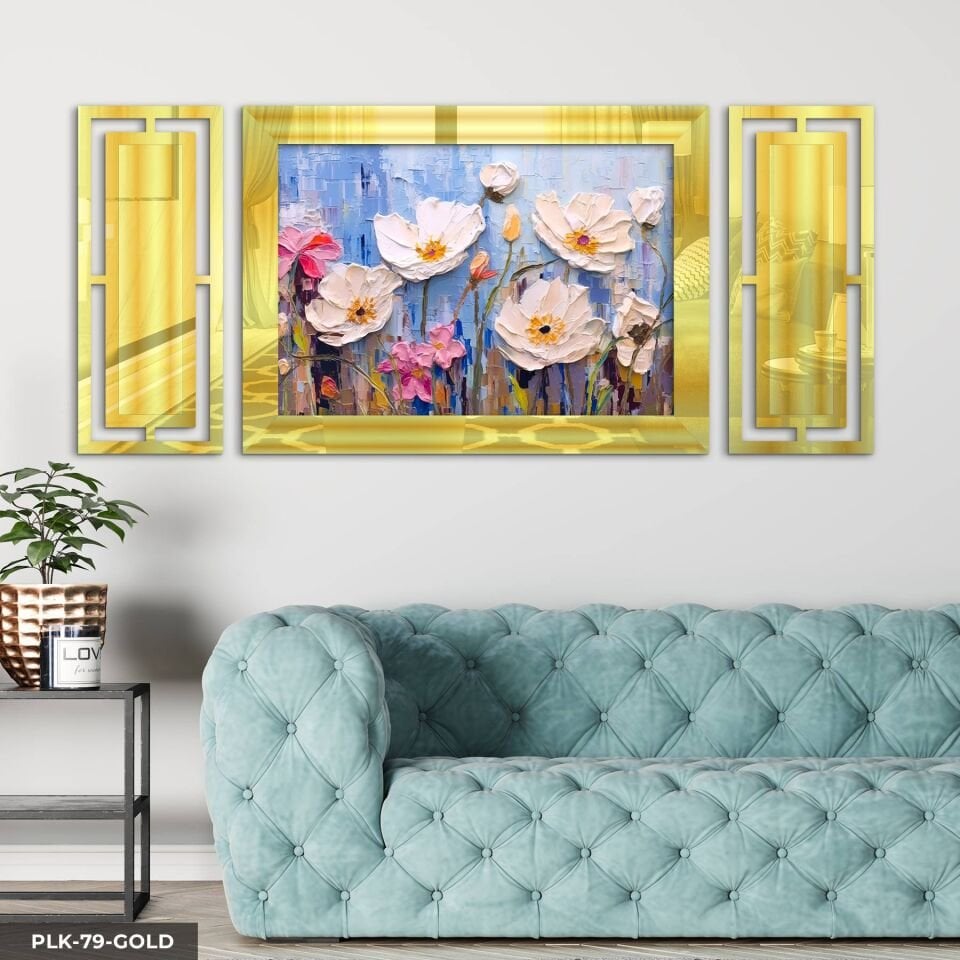 Yağlı Boya Görünümlü Beyaz Çiçek Yan Dekorlu 3 Parça Pleksi Tablo DKRPLK 130 x 25 CM - Gold
