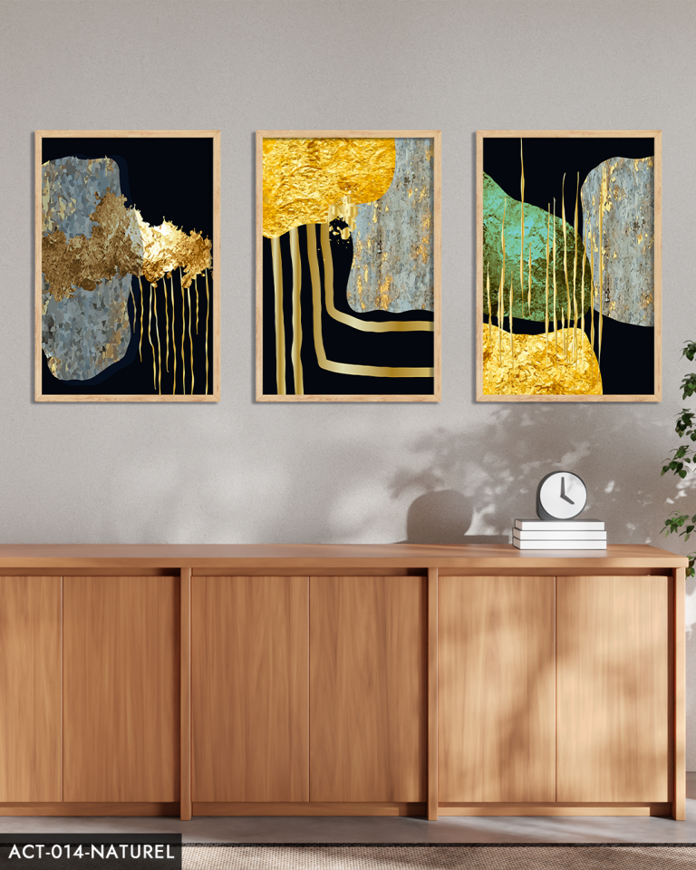 Soyut Gold Desenler 3 Parça Ahşap Çerçeveli Tablo ACT Naturel - 20 x 30 CM