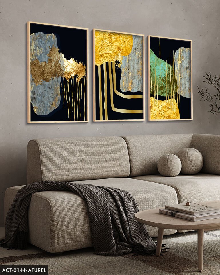 Soyut Gold Desenler 3 Parça Ahşap Çerçeveli Tablo ACT Naturel - 20 x 30 CM
