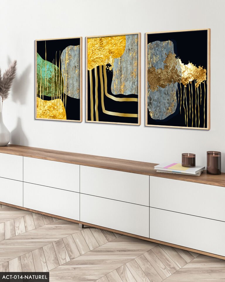 Soyut Gold Desenler 3 Parça Ahşap Çerçeveli Tablo ACT Naturel - 20 x 30 CM