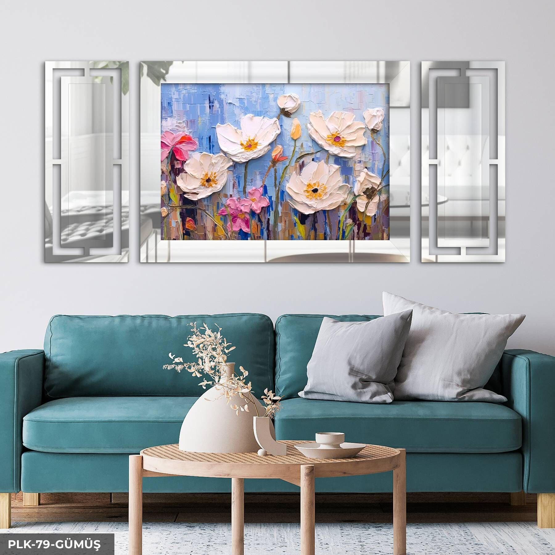 Yağlı Boya Görünümlü Beyaz Çiçek Yan Dekorlu 3 Parça Pleksi Tablo DKRPLK 130 x 25 CM - Gümüş