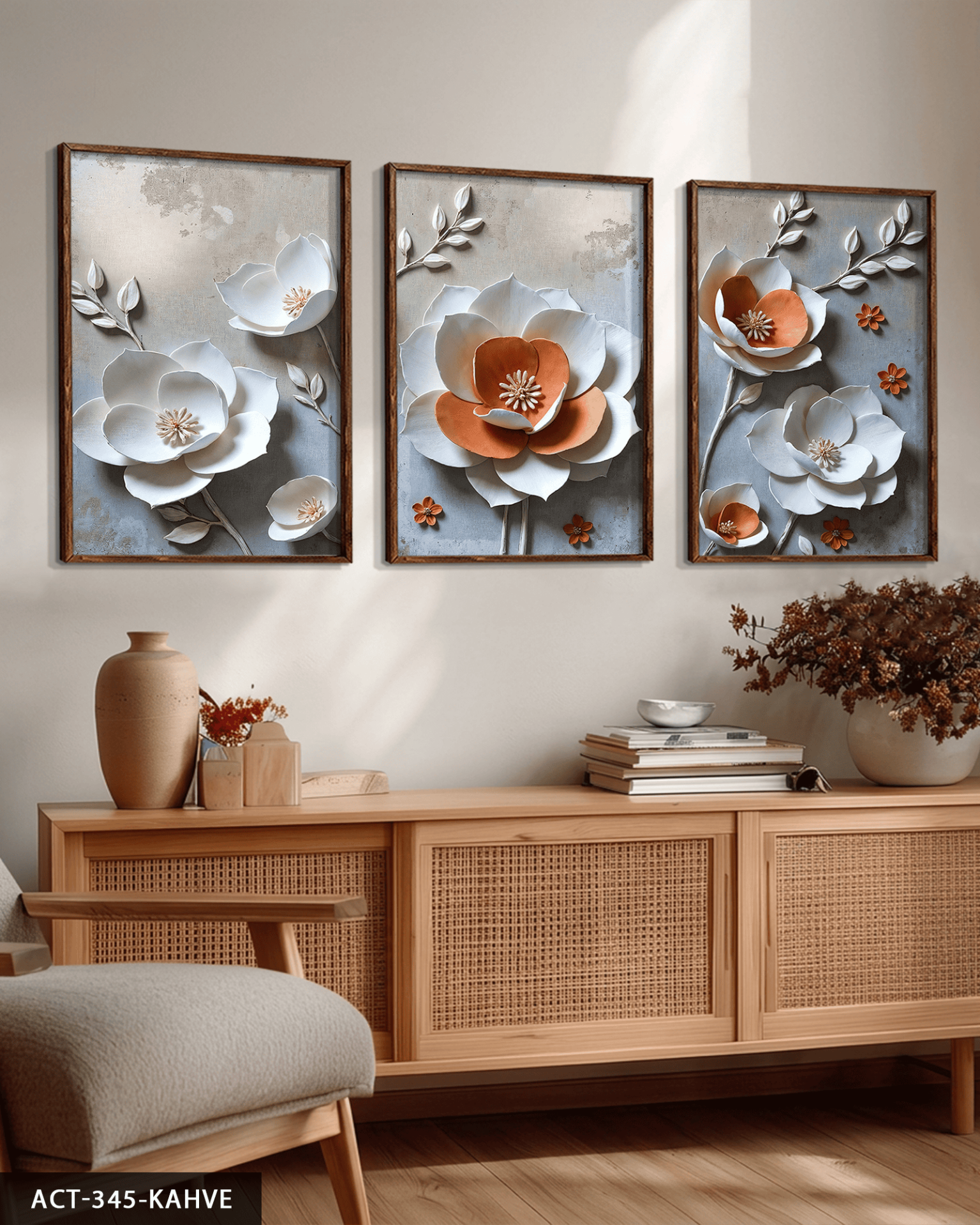 Dokulu Görünüm Beyaz Turuncu Çiçek 3 Parça Ahşap Çerçeveli Tablo ACT Kahverengi - 50 x 70 CM