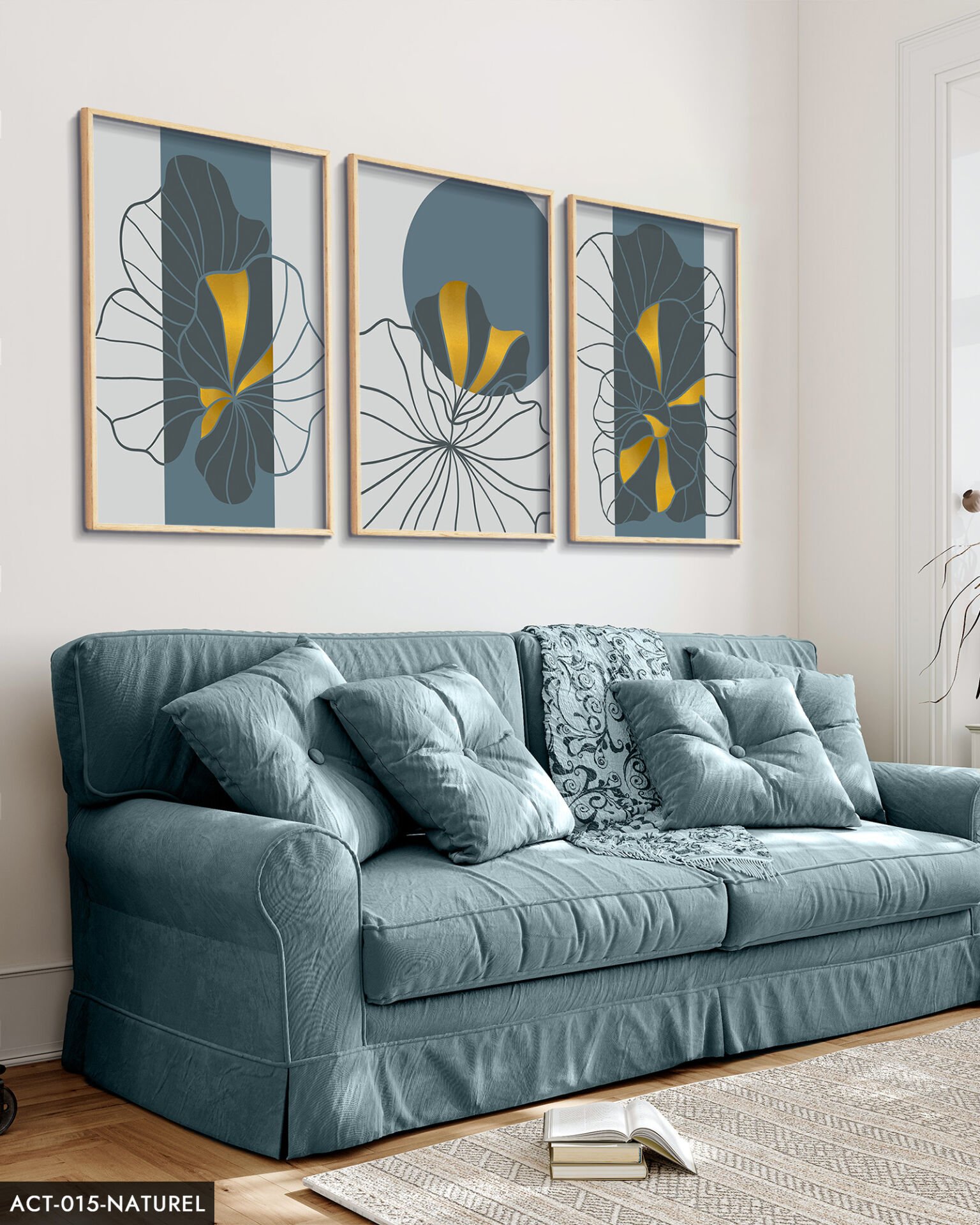 Çizim Çiçekler 3 Parça Ahşap Çerçeveli Tablo ACT Naturel - 20 x 30 CM