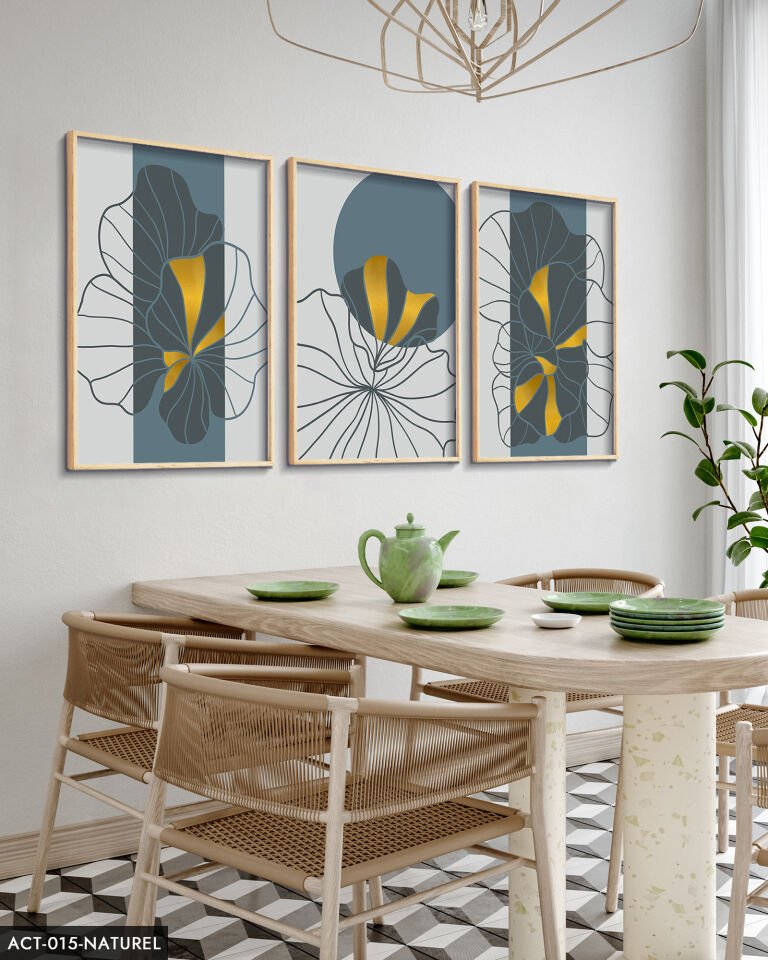 Çizim Çiçekler 3 Parça Ahşap Çerçeveli Tablo ACT Naturel - 20 x 30 CM