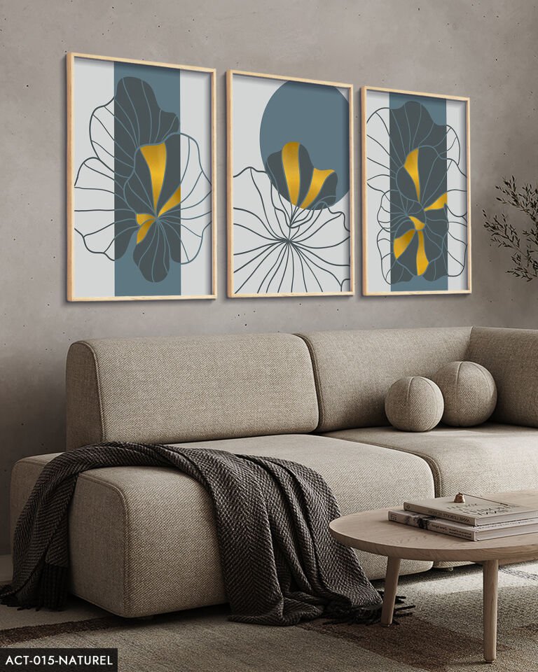 Çizim Çiçekler 3 Parça Ahşap Çerçeveli Tablo ACT Naturel - 20 x 30 CM