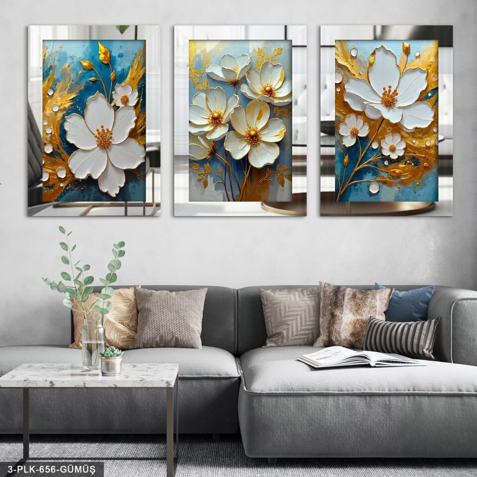 Beyaz Çiçek Mavi Arkaplan 3 Parça Pleksi Aynalı Tablo 50 x 70 CM - Gümüş