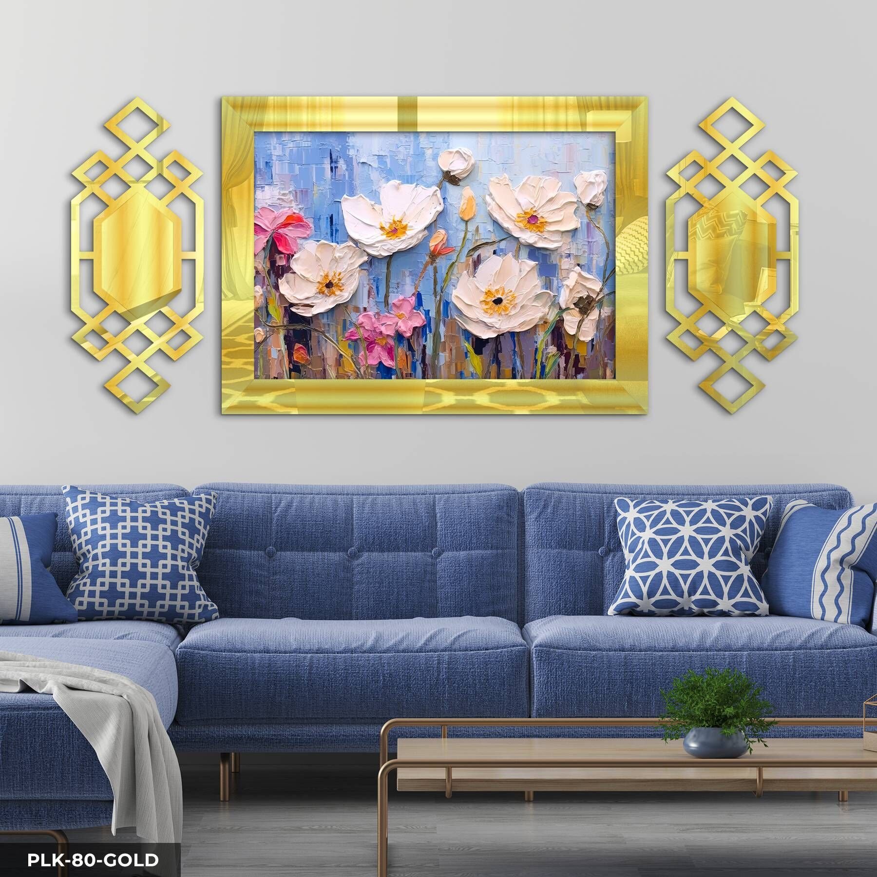 Yağlı Boya Görünümlü Beyaz Çiçek Yan Dekorlu 3 Parça Pleksi Tablo DKRPLK 130 x 25 CM - Gold