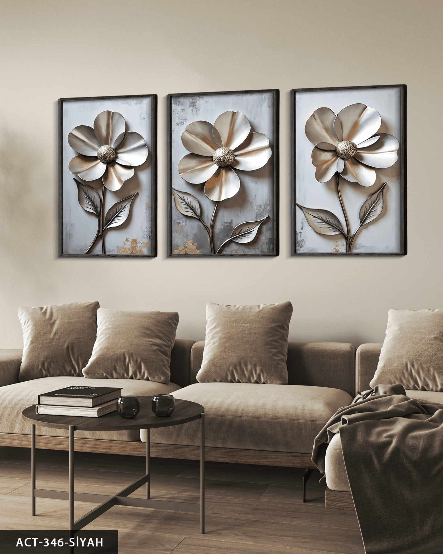 Metali Dokulu Görünüm Çiçek 3 Parça Ahşap Çerçeveli Tablo ACT Siyah - 30 x 40 CM