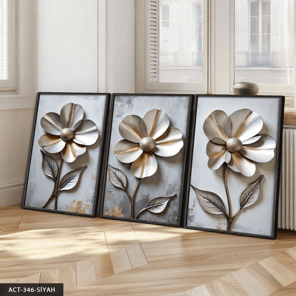 Metali Dokulu Görünüm Çiçek 3 Parça Ahşap Çerçeveli Tablo ACT Siyah - 30 x 40 CM