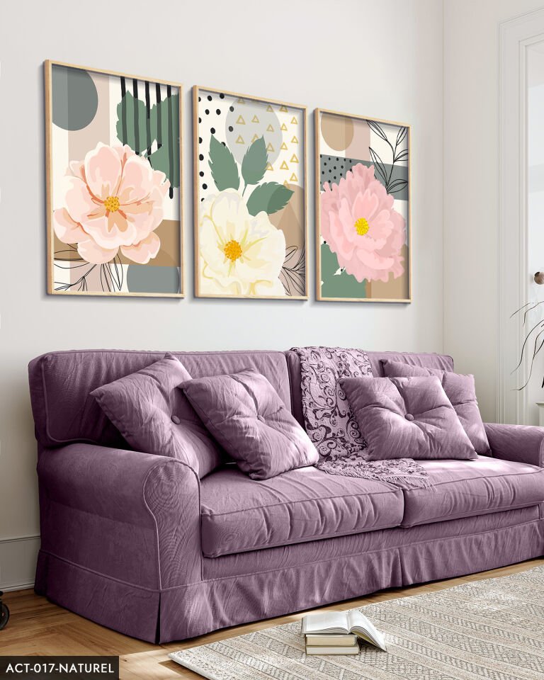 Pembe Çiçek 3 Parça Ahşap Çerçeveli Tablo ACT Naturel - 20 x 30 CM