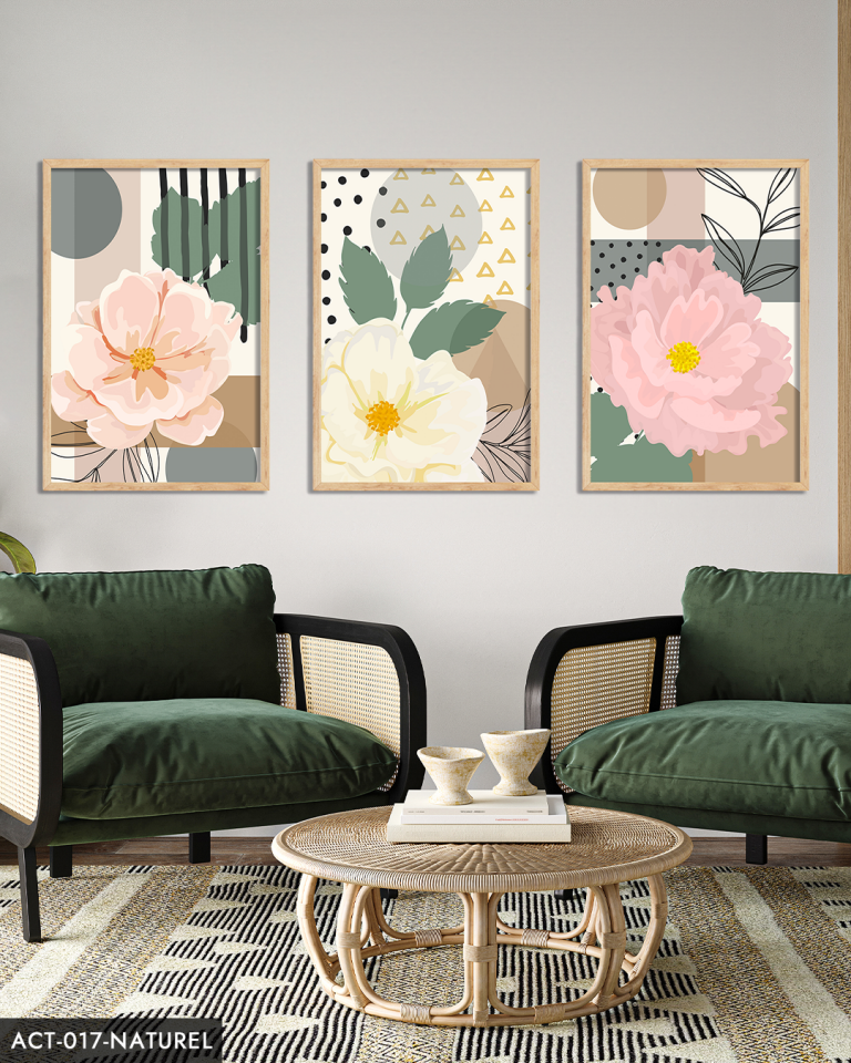Pembe Çiçek 3 Parça Ahşap Çerçeveli Tablo ACT Naturel - 20 x 30 CM