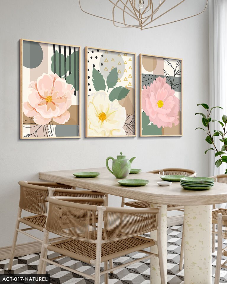 Pembe Çiçek 3 Parça Ahşap Çerçeveli Tablo ACT Naturel - 20 x 30 CM