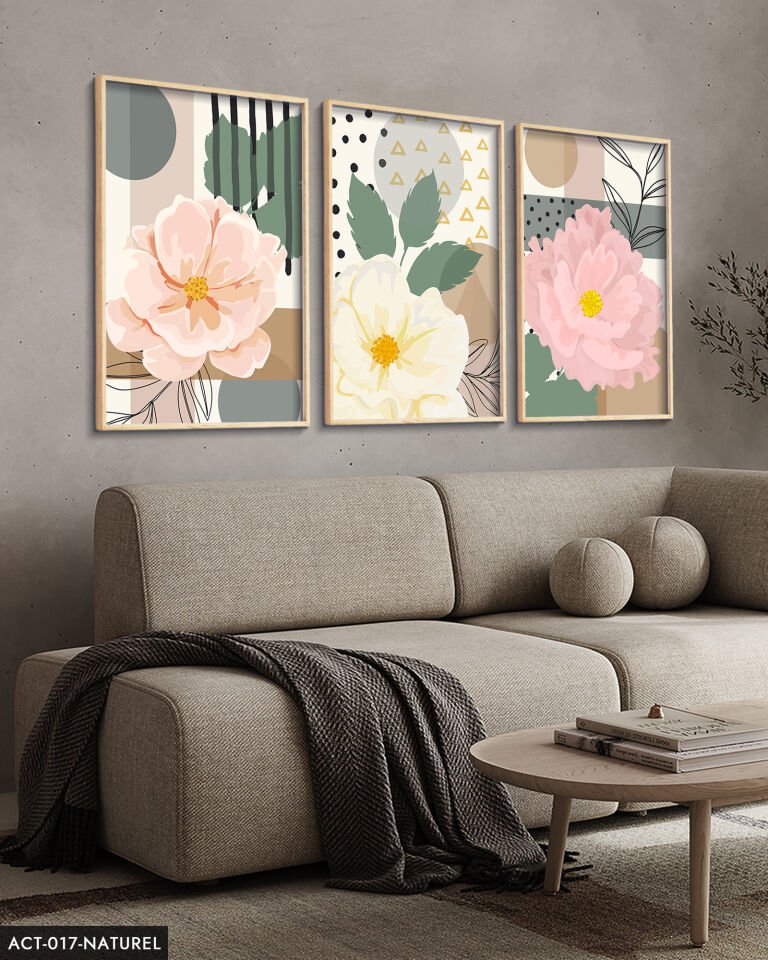 Pembe Çiçek 3 Parça Ahşap Çerçeveli Tablo ACT Naturel - 20 x 30 CM