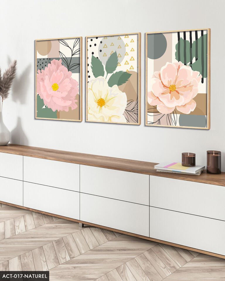 Pembe Çiçek 3 Parça Ahşap Çerçeveli Tablo ACT Naturel - 20 x 30 CM