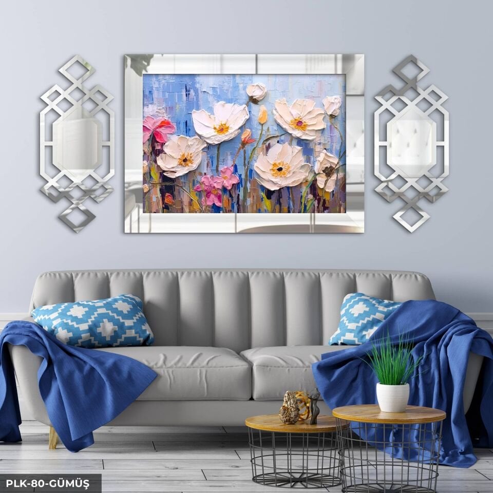 Yağlı Boya Görünümlü Beyaz Çiçek Yan Dekorlu 3 Parça Pleksi Tablo DKRPLK 130 x 25 CM - Gümüş