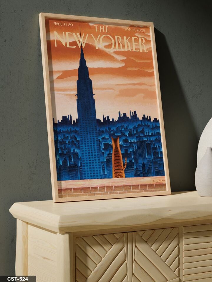 The New Yorker Poster Kedi Tek Parça Ahşap Çerçeveli Tablo Naturel - 50 x 70 CM