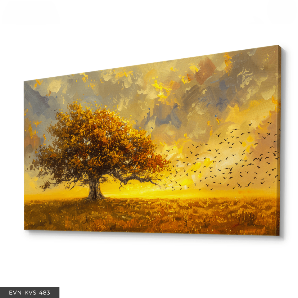 Ağaç ve Kuşlar Tek Parça Kanvas - Canvas Tablo 65 x 45 CM - Çok Renkli