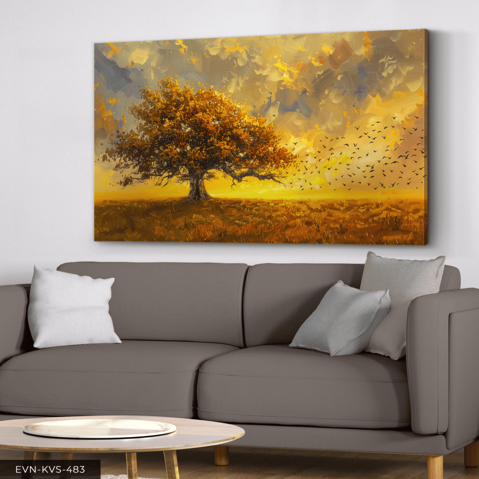Ağaç ve Kuşlar Tek Parça Kanvas - Canvas Tablo 65 x 45 CM - Çok Renkli