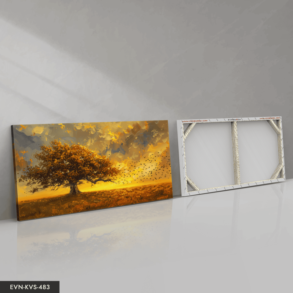 Ağaç ve Kuşlar Tek Parça Kanvas - Canvas Tablo 65 x 45 CM - Çok Renkli