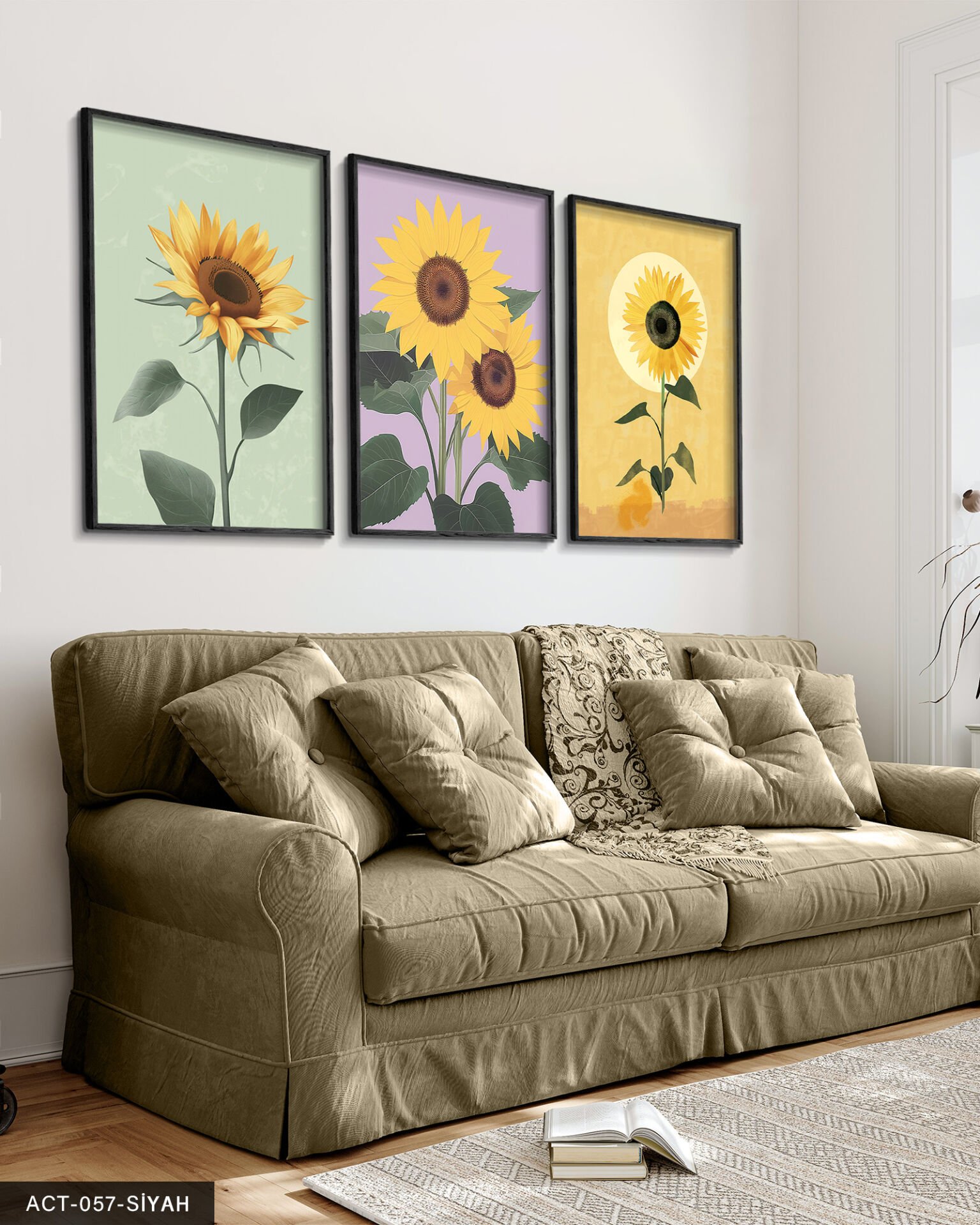 Ay çiçekleri 3 Parça Ahşap Çerçeveli Tablo Siyah - 30 x 40 CM