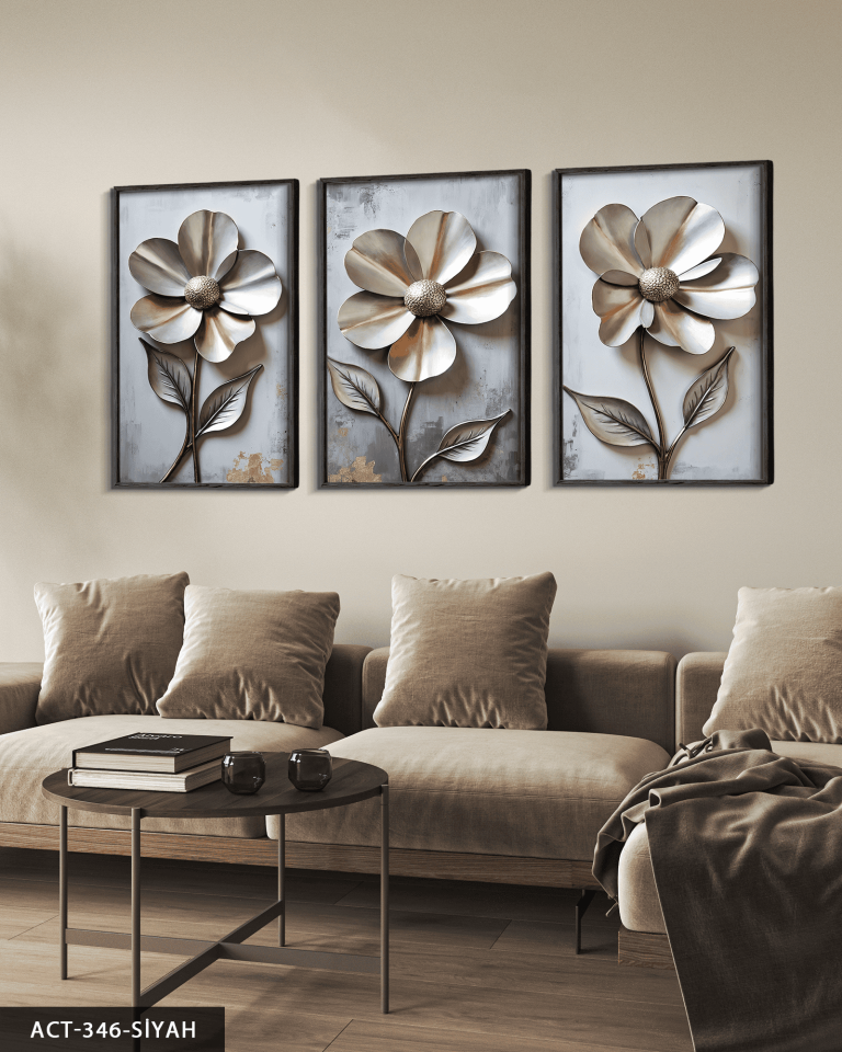 Metali Dokulu Görünüm Çiçek 3 Parça Ahşap Çerçeveli Tablo ACT Siyah - 40 x 60 CM