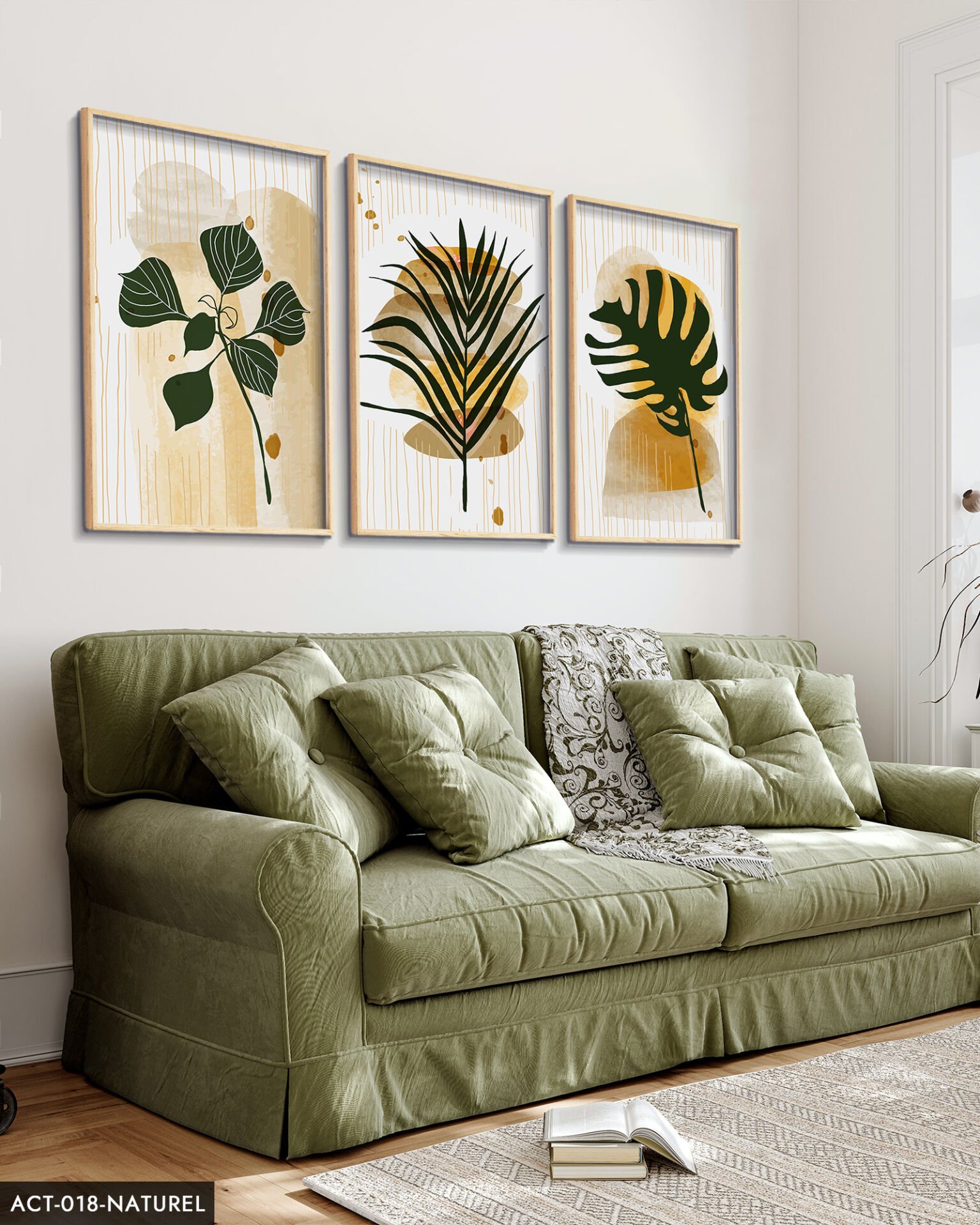 Yeşil Yaprak Tüy 3 Parça Ahşap Çerçeveli Tablo ACT Naturel - 20 x 30 CM