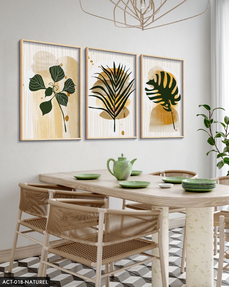Yeşil Yaprak Tüy 3 Parça Ahşap Çerçeveli Tablo ACT Naturel - 20 x 30 CM