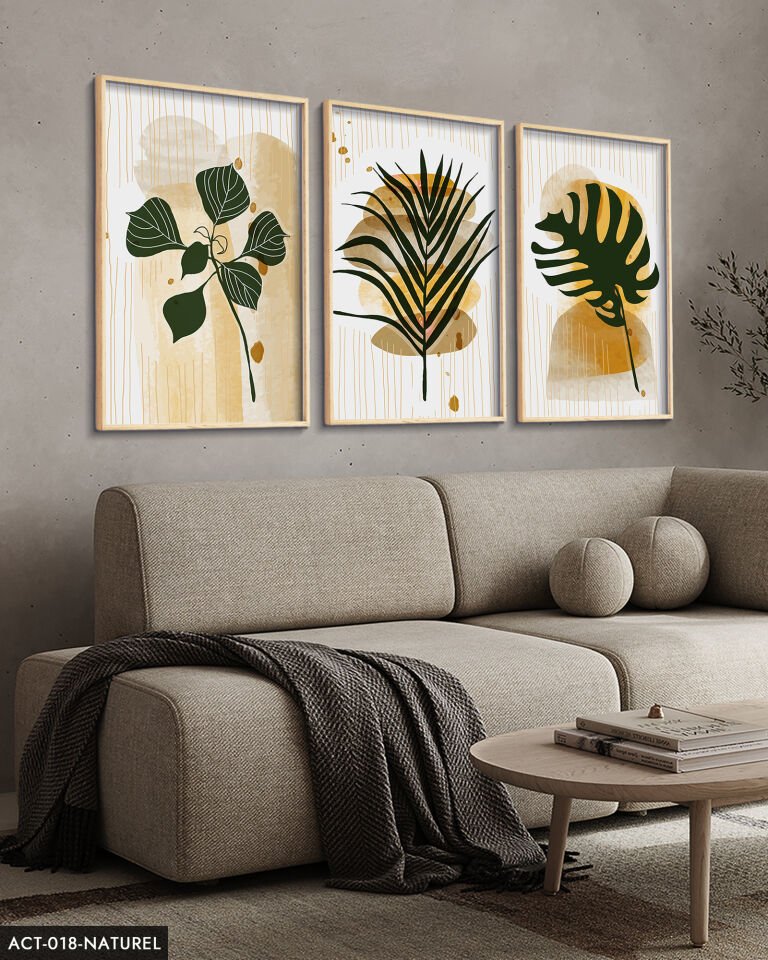 Yeşil Yaprak Tüy 3 Parça Ahşap Çerçeveli Tablo ACT Naturel - 20 x 30 CM