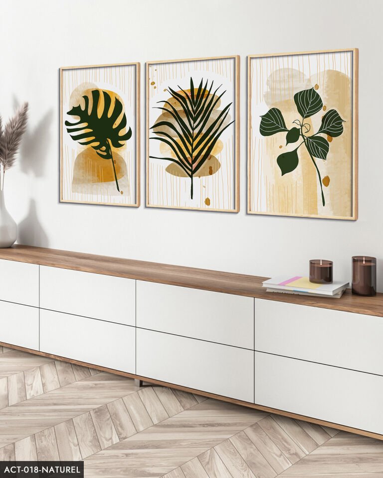 Yeşil Yaprak Tüy 3 Parça Ahşap Çerçeveli Tablo ACT Naturel - 20 x 30 CM