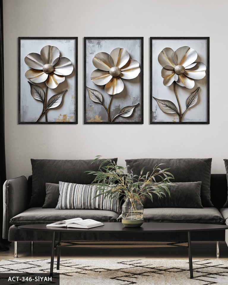 Metali Dokulu Görünüm Çiçek 3 Parça Ahşap Çerçeveli Tablo ACT Siyah - 50 x 70 CM