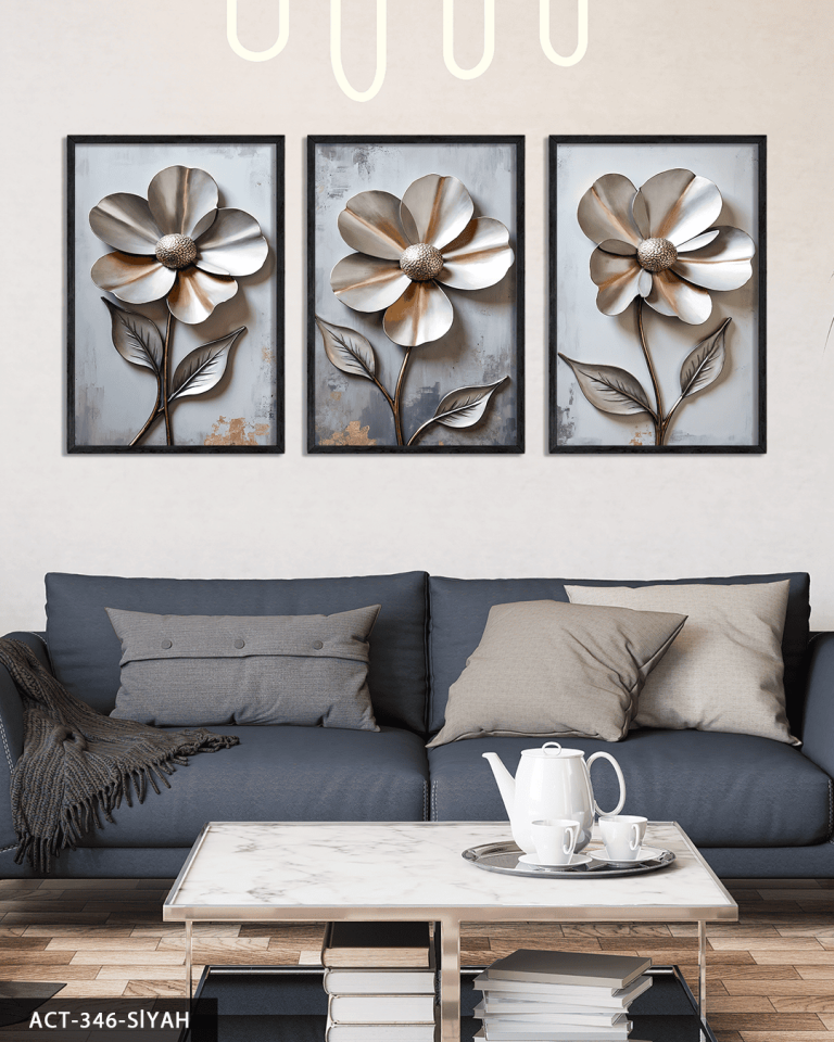 Metali Dokulu Görünüm Çiçek 3 Parça Ahşap Çerçeveli Tablo ACT Siyah - 50 x 70 CM